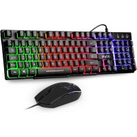 Mafiti Keyboard and Mouse Set, Wired, LED Backlight QWERTZ (German Layout), Rainbow Colours Lighting for Gaming and Office