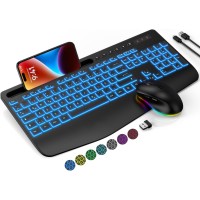 Tastatur Maus Set Kabellos, 7 Farbige Hintergrundbeleuchtung, Handballenauflage, Wiederaufladbare Ergonomische Tastatur mit Telefonhalterung, Leise Beleuchtete für Windows, Mac, PC, Laptop-SABLUTE