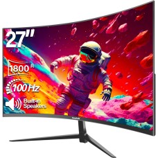 Gawfolk Curved Monitor 27 Zoll 100Hz, PC Bildschirm mit Lautsprecher 1080P, 1800R 75Hz Computerbildschirm mit Eye Care Technologie HDMI VGA, unterstützt VESA