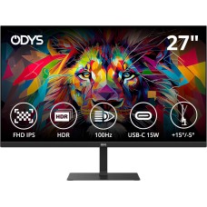 ODYS i27 Monitor - 27-Zoll-Bildschirm im rahmenlosen Design, Full HD, 100 Hz, mit HDR, IPS Panel, FreeSync, HDMI, USB-C, 3,5mm Audio