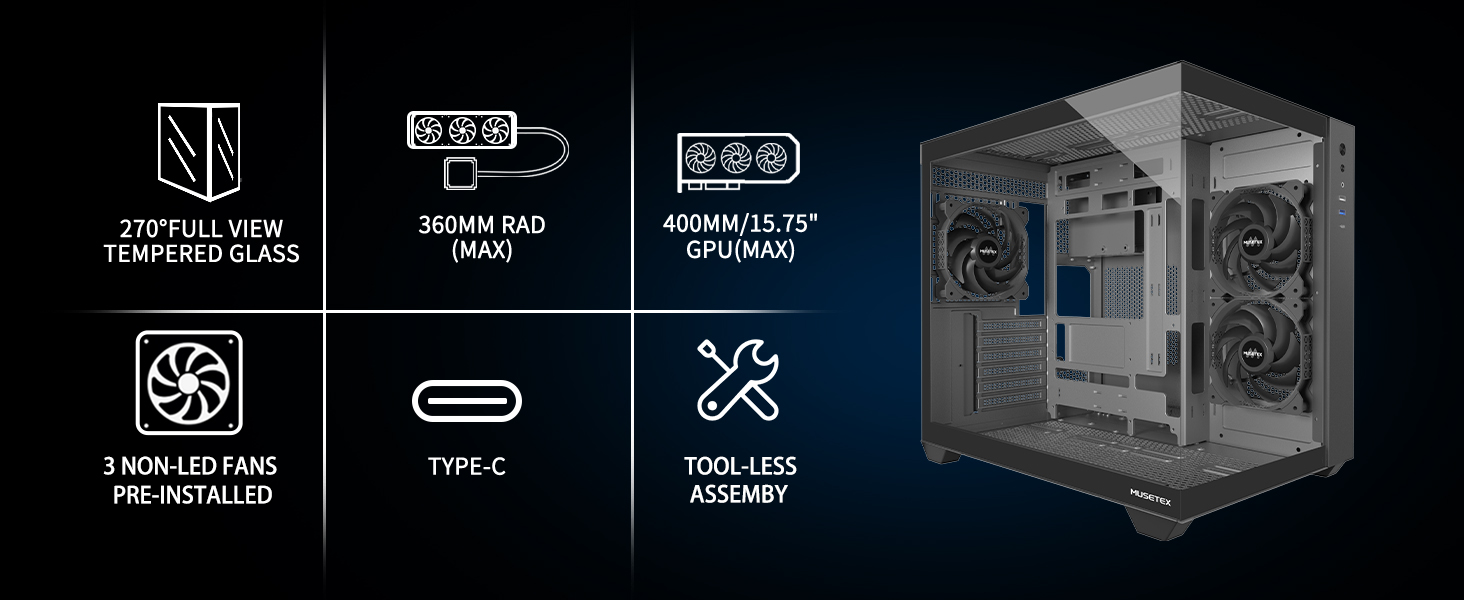 MUSETEX-PC-Gehause-ATX-3-Non-LED-Lufter-vorinstalliert-Gamin